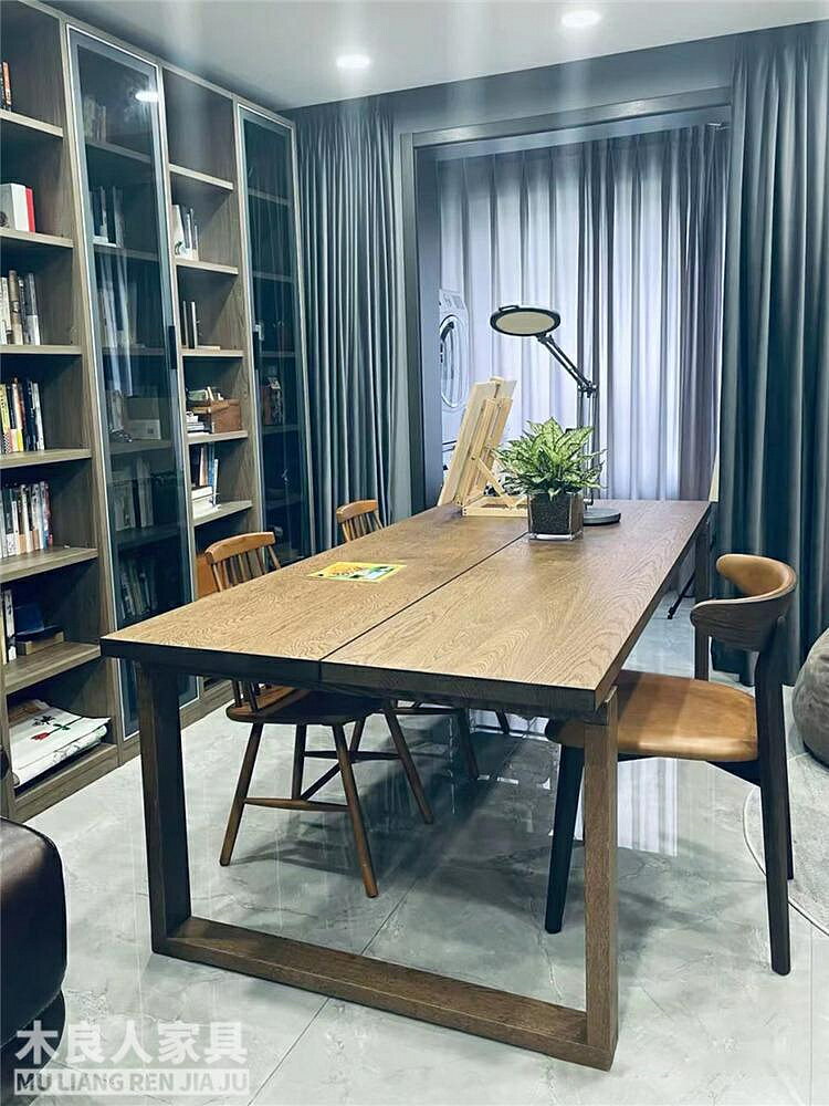 現貨：美式實木書桌家用客廳大學習長桌輕奢代莫比恩工作臺雙人辦公桌