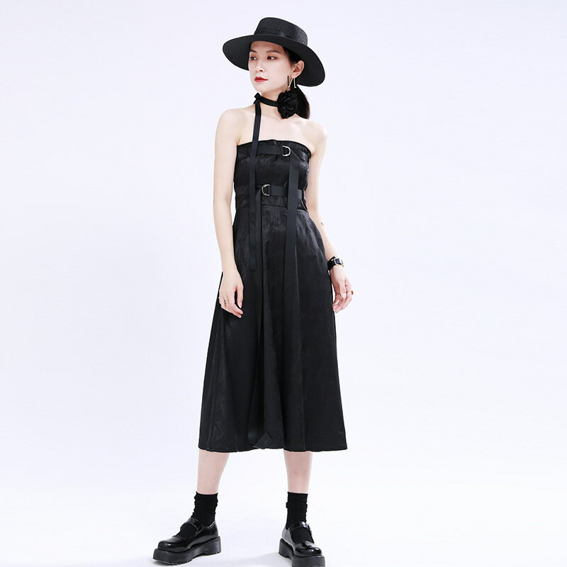 連身裙平口洋裝-印花可調節搭扣大擺女裙子73yh8【獨家進口】【米蘭精品】