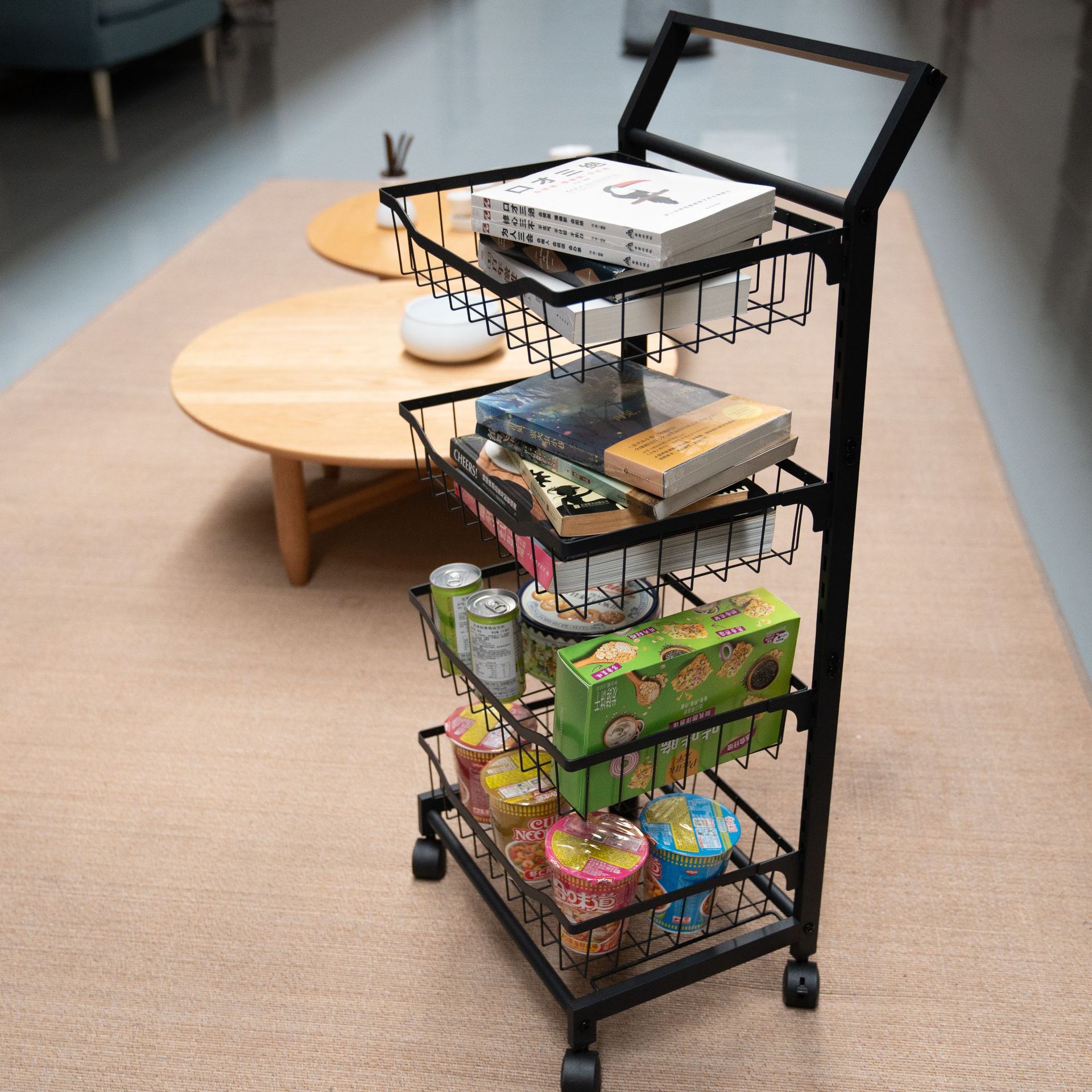 雙扶手帶輪多層客廳零食收納架小推車可移動廚房臥室落地置物架