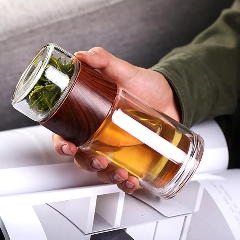 茶水分離泡茶杯男士高檔透明雙層玻璃杯個人專用杯子便攜水杯