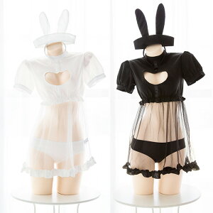 七了個三愛心鏤空微透兔女郎小護士制服套裝可愛性感內衣尾巴