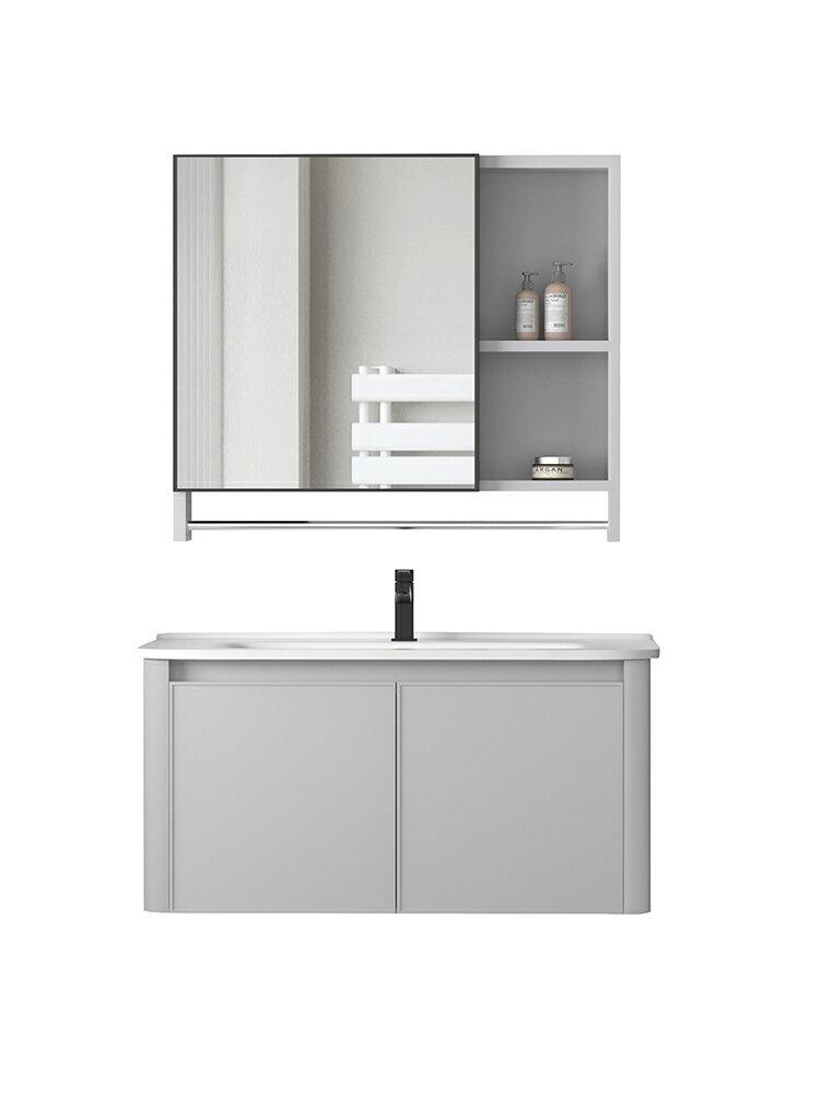 奶油灰加厚圓角浴室柜陶瓷一體洗手盆組合洗漱洗臉盆衛生間太空鋁/洗手盆/洗臉盆/洗漱盆/陶瓷盆/浴室盆/鏡櫃洗手盆一體式