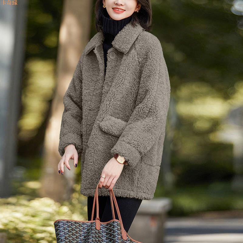加絨加厚外套女23年秋冬新款韓版仿羊羔毛翻領寬松棉服上衣