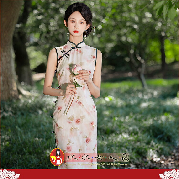 無袖改良素雅長旗袍復古民國風優雅印花氣質年輕款少女連身裙日常洋裝茶服-暖調-水水女人國
