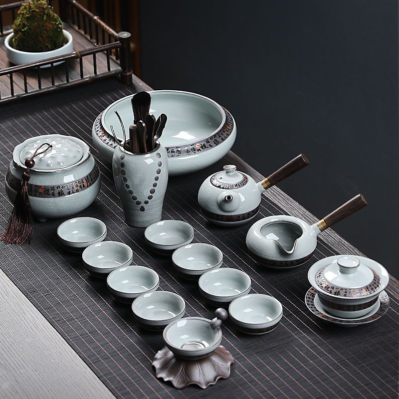 茶具套裝 哥窯茶具套裝家用簡約客廳高檔小型功夫茶盤陶瓷便捷泡茶蓋碗茶杯-快速出貨