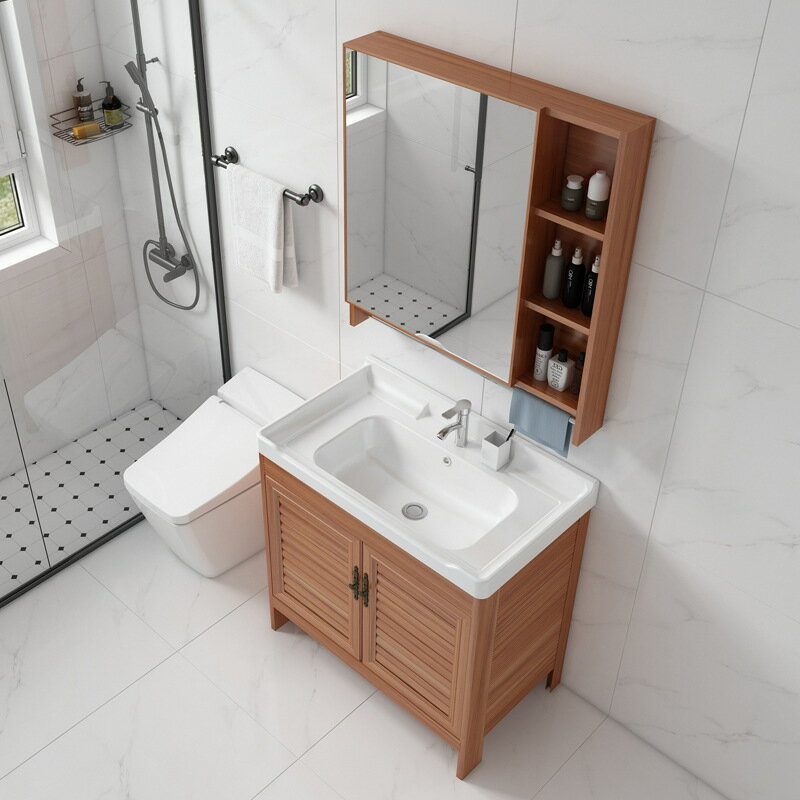 北歐太空鋁落地式組合鏡櫃浴室櫃洗手池衛生間陶瓷洗手盆梳妝鏡櫃