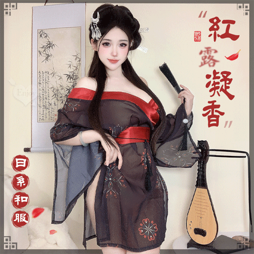 情趣和服 低領美肩日系緞面拼接薄透雪紡印花側高衩三件組【本商品含有兒少不宜內容】