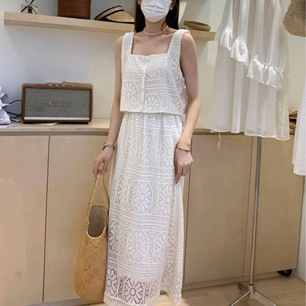 ANNAS 正韓 特價 單品實拍 重工蕾絲流蘇套裝 無袖長洋裝 蕾花 法式浪漫氣質婚禮穿搭 性感度假海島穿搭 韓國 2