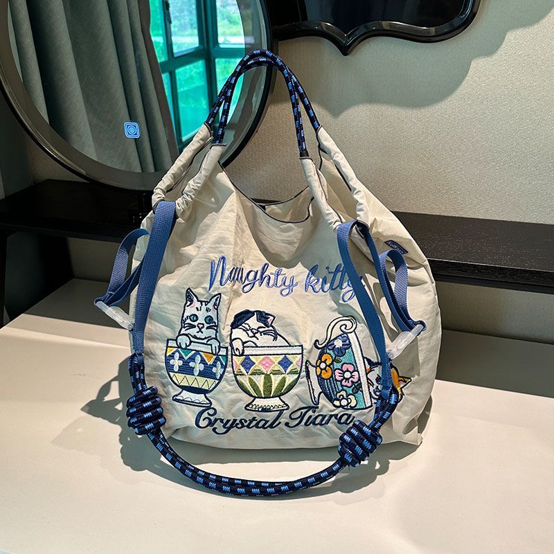 購物袋 小眾高顏值ball chain茶杯貓刺繡購物袋大容量單肩斜挎包ins風