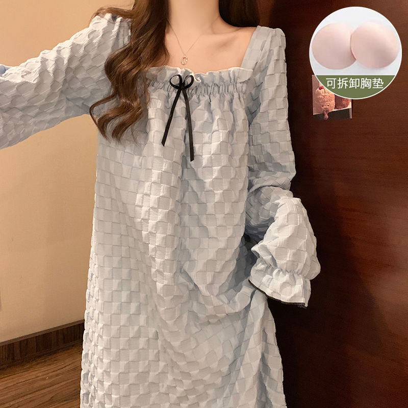 睡衣帶胸墊裙女春秋季長袖2024年新款網紅ins公主風長款過膝睡裙【倪醬】