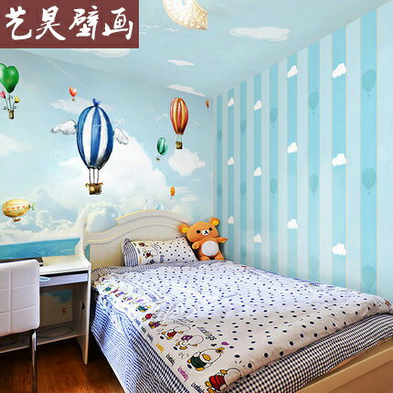 西諾兒童房臥室背景墻壁紙 男孩天花板吊頂卡通墻紙 熱汽球搭配