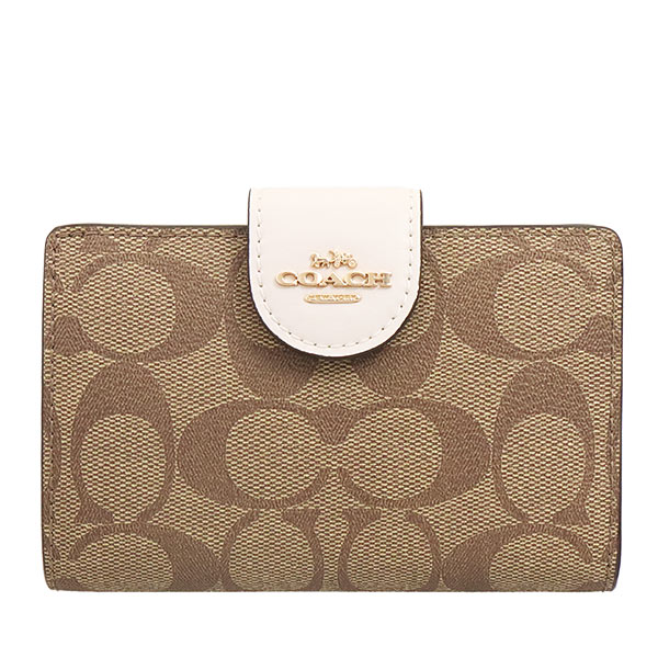 COACH 經典滿版老花中夾 C logo防刮PVC皮革 中夾 皮夾 雙折錢包 C0082 卡其白色(現貨)▶指定Outlet商品5折起☆現貨【送禮首選★APP下單點數4倍送】