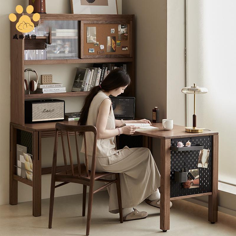 書桌，L型書桌/電腦桌/辦公桌推薦到【免運 可打統編】實木 轉角書桌書架一體書櫃 拐角l型電腦桌黑胡桃木 學習桌【WS9/29】