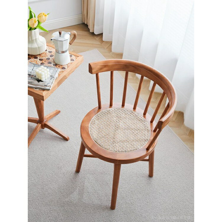 法式復古藤編椅子實木輕奢餐椅化妝椅網紅ins風梳妝臺凳子溫莎椅
