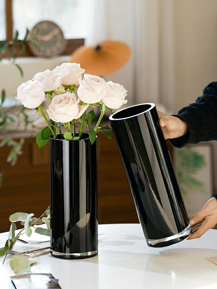 【可開發票】 宅配到府 花瓶 玻璃花瓶簡約黑色創意輕奢玻璃花瓶水養富貴竹百合玫瑰插花瓶客廳餐桌擺件~優樂悅