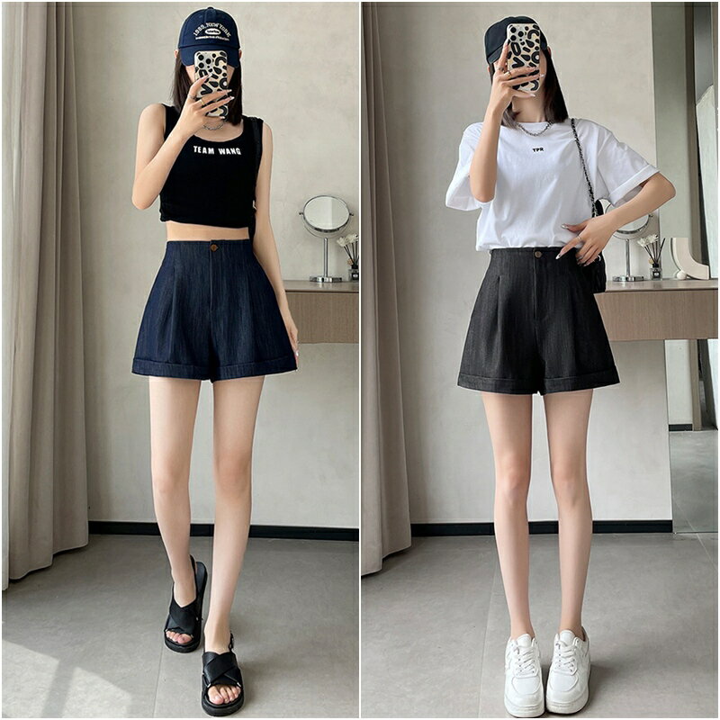 現貨+預購 女高腰牛仔短褲休閒寬褲顯瘦薄款寬鬆直筒褲丹寧休閒A字短褲-垂感牛仔短褲2色74ls46【獨家進口】【米蘭精品】