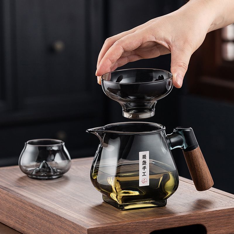 加厚胡桃木把玻璃公道杯茶漏分茶器一體套裝家用功夫茶具月牙公杯J-23公司貨