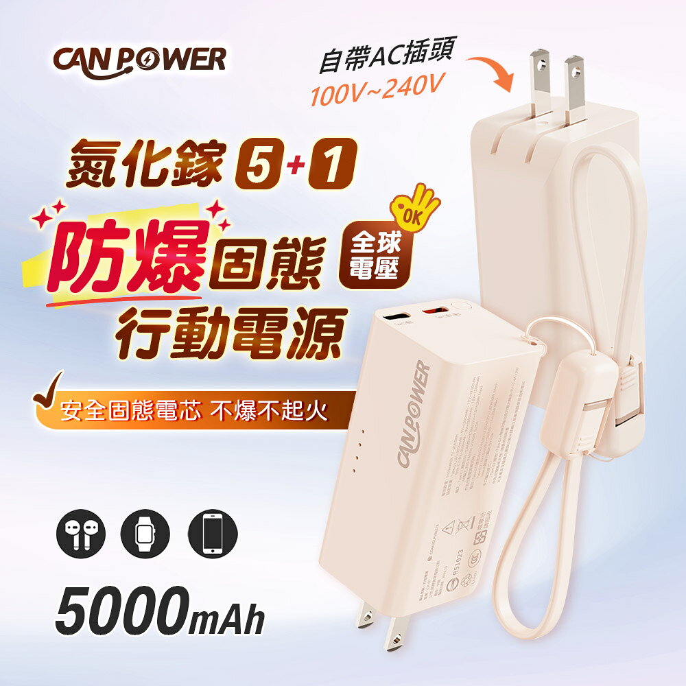 【Canpower】多功能氮化鎵充電器SSB防爆固態行動電源5000mAh 台灣製造 138g 自帶AC插頭 有wh、ccc標示