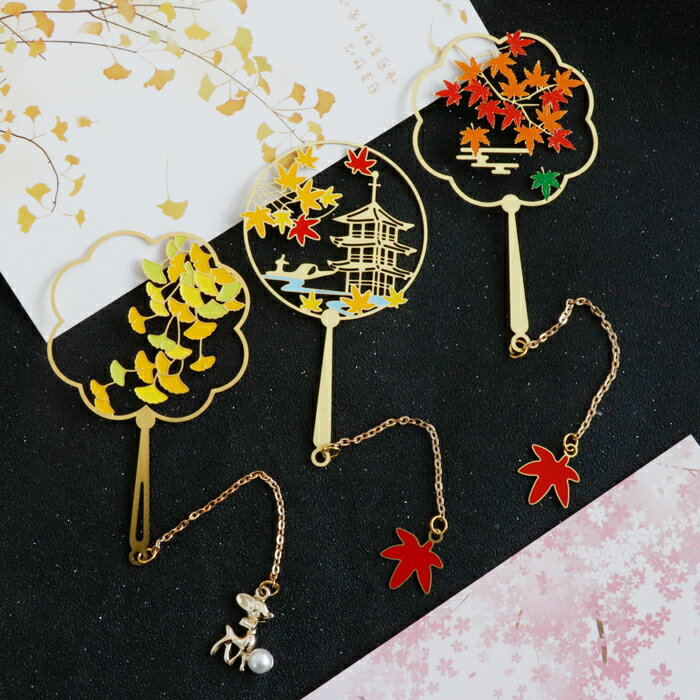 精緻鏤空黃銅團扇書簽精美卡通可愛創意古風畢業勵志紀念品禮盒裝