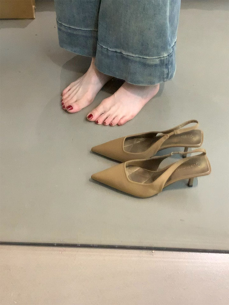 棕色法式高跟包頭涼鞋仙女鞋子春夏季新款小眾高級感緞面尖頭單鞋