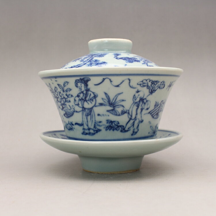 晚清民窯青花人物蓋杯蓋碗 古玩古董陶瓷器仿古老貨收藏品茶具