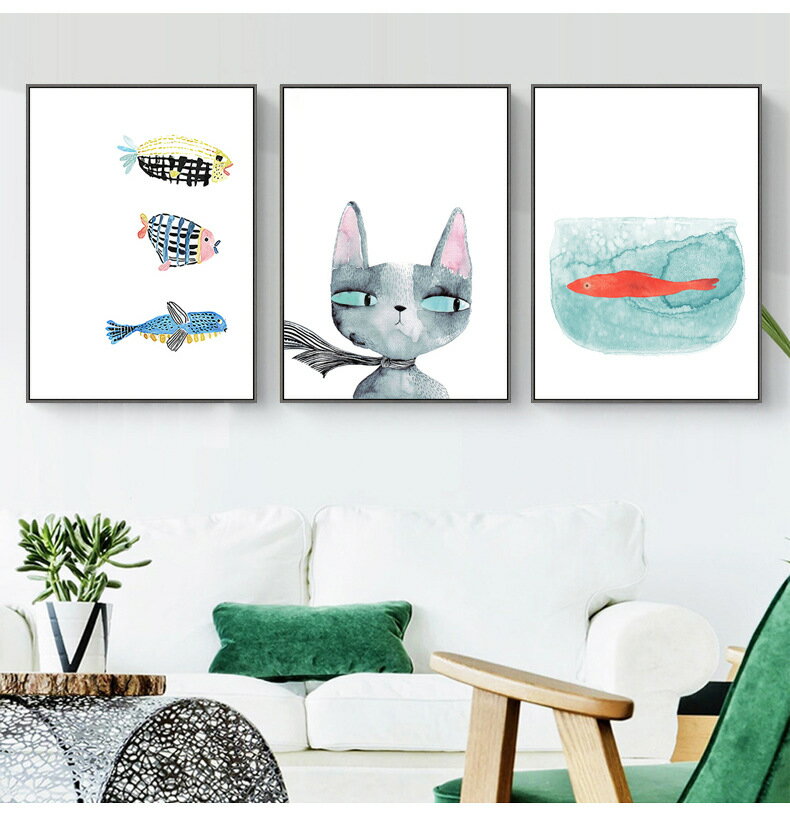 創意北歐裝飾畫 餐廳客廳掛畫現代墻畫卡通貓魚壁畫貓咪臥室墻壁布置畫 慢生活居家館
