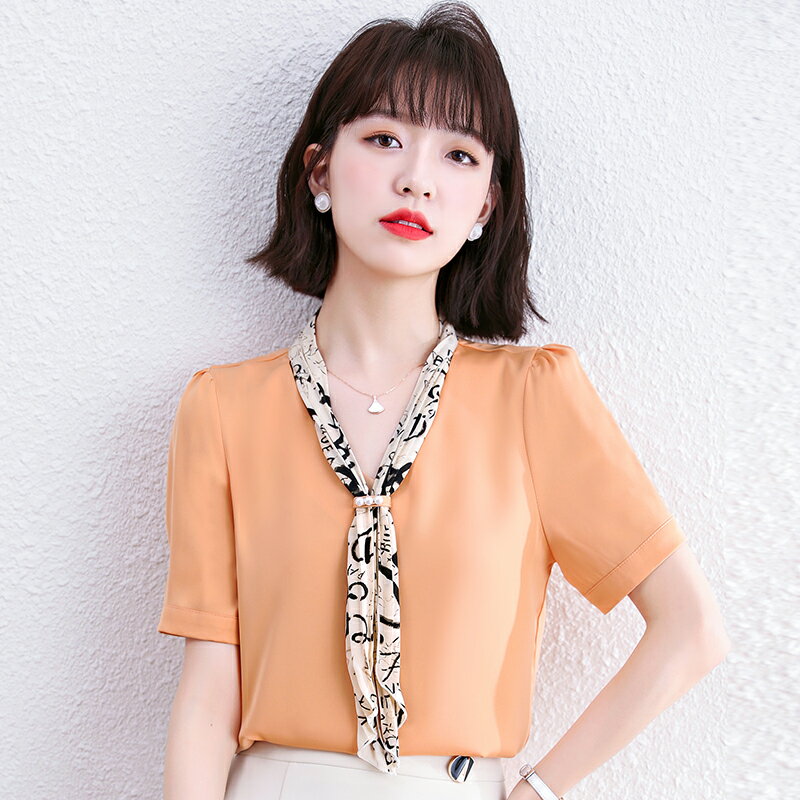 設計感V領絲巾領結t恤女短袖夏裝年新款韓版寬松冰絲雪紡上衣