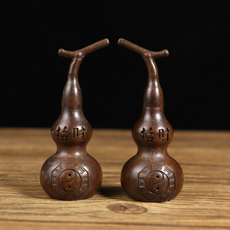 古玩銅器古董收藏仿古純黃銅仿紫銅鎮宅招財八卦葫蘆手把件小擺件