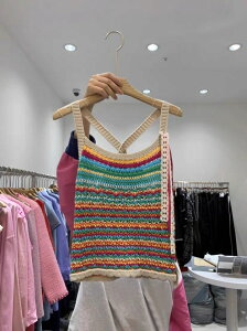 韓國夏季彩色條紋露背顯瘦針織吊帶無袖背心上衣女