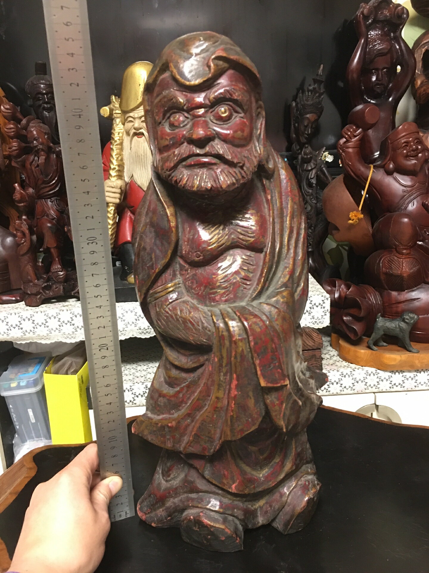 日本迴流木雕擺飾，百年老達摩木雕，純手工一木雕，包漿爆老，近