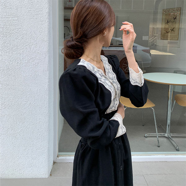 ANNA S. 正韓 V領 蕾絲 黑色 洋裝 長袖 縮腰 顯瘦 連身裙 復古 氣質 上班族 韓國690 2