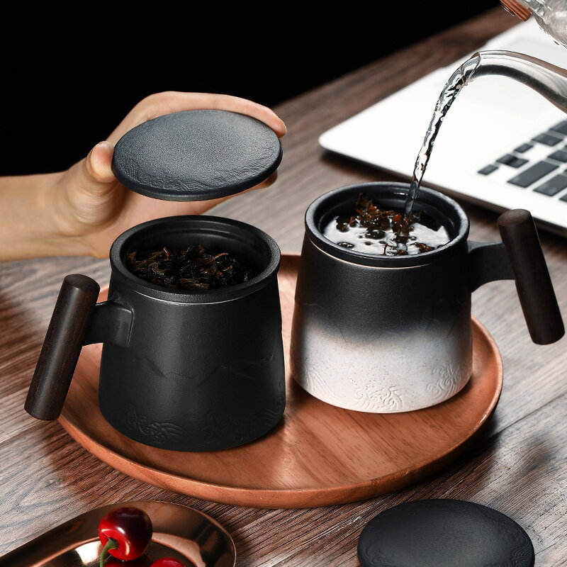 茶水分離茶杯陶瓷過濾泡茶杯辦公室帶蓋高檔水杯男士馬克杯茶道杯