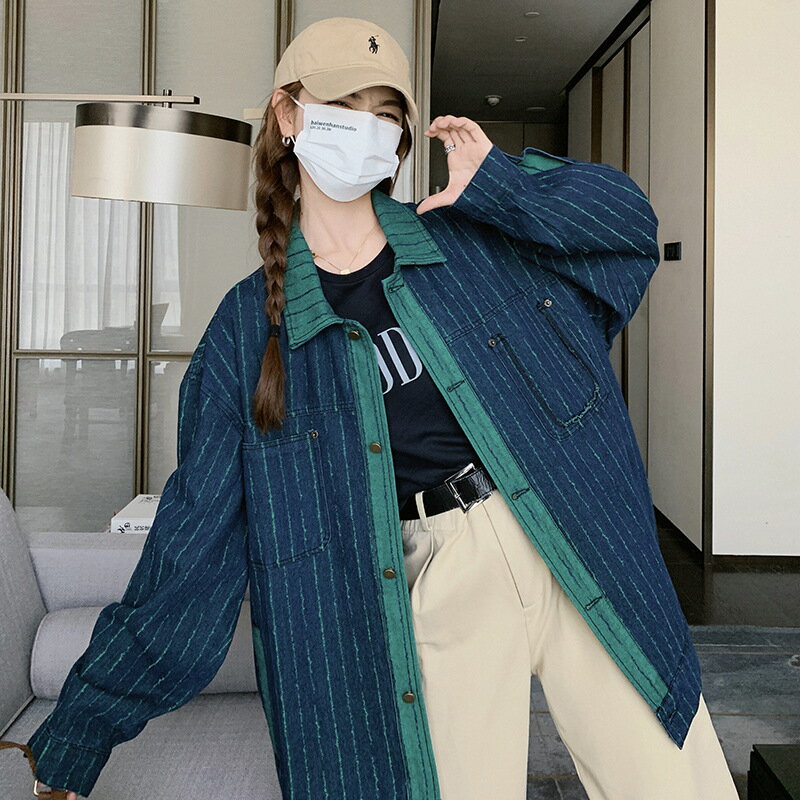 牛仔外套丹寧夾克-條紋撞色做舊休閒寬鬆女外套藍色74ii62【獨家進口】【米蘭精品】