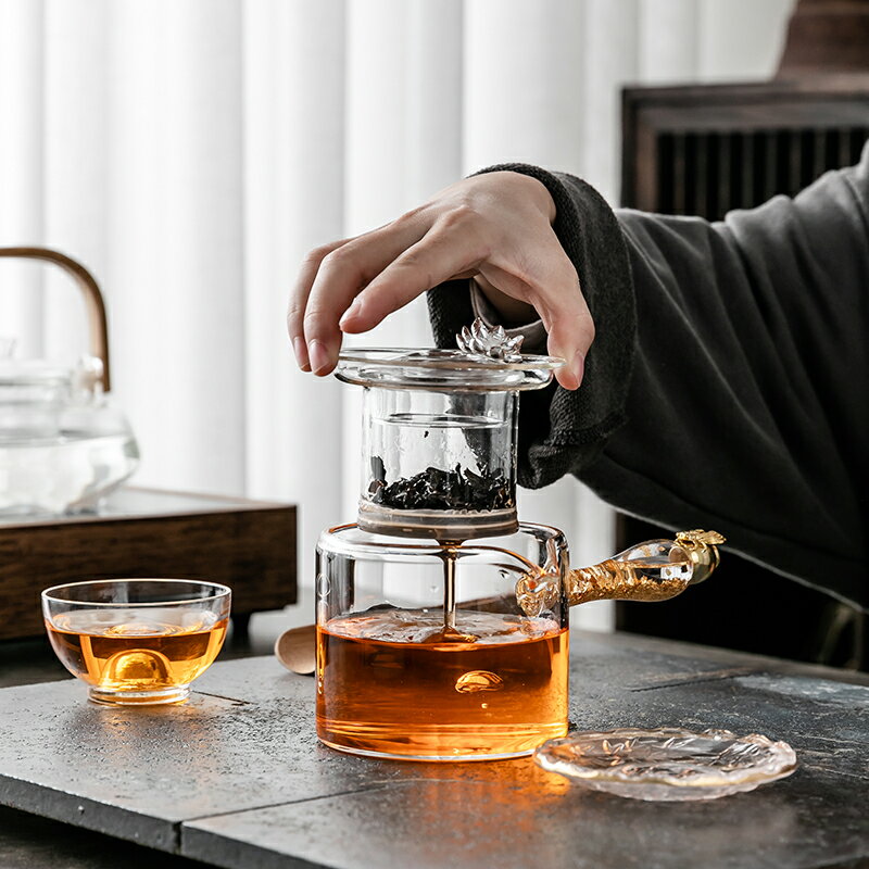 輕奢創意玻璃藏金茶耐熱加厚側把茶壺高溫具器小家用煮泡號過濾蒸