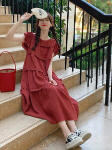 紅色連身裙荷葉邊飛飛袖高級感復古洋氣時尚長裙女夏