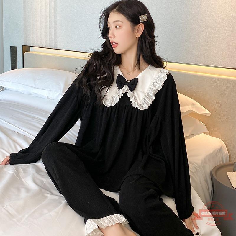 純棉睡衣女秋冬季可愛甜美宮廷公主風長袖純色韓版少女家居服套裝