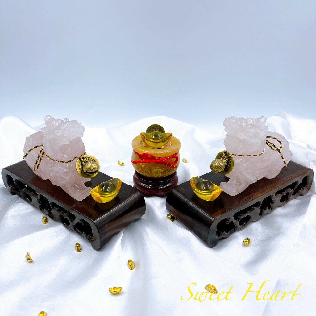 Sweet Heart 田芯開運精選 高品質 粉水晶 手工巧雕 飛天 貔貅 一對 含加持開光 實木座 黃玉聚寶盆 套組