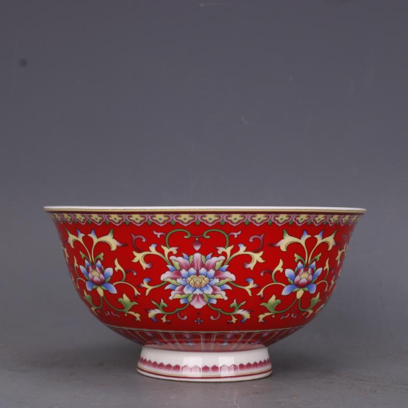 清乾隆粉彩紅地花紋碗仿古工藝品瓷器家居中式擺件古董古玩收藏