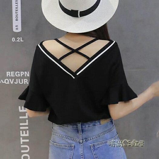 夏季短袖t恤女ins潮韓版新款心機小眾設計感漏肩露背性感上衣「x」 母親節禮物