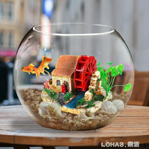 桌面小魚缸玻璃 迷你型生態魚缸造景 養金魚小型熱帶魚 圓形魚缸 可開發票 母親節禮物