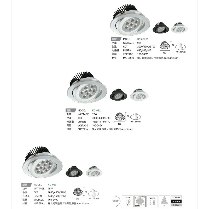 KAOS LED 孔徑12cm 可轉角崁燈 9W 12W 15W 聚光型 銀框黑框白框 投射燈 燈珠 嵌燈 可調角度OSRAM晶片