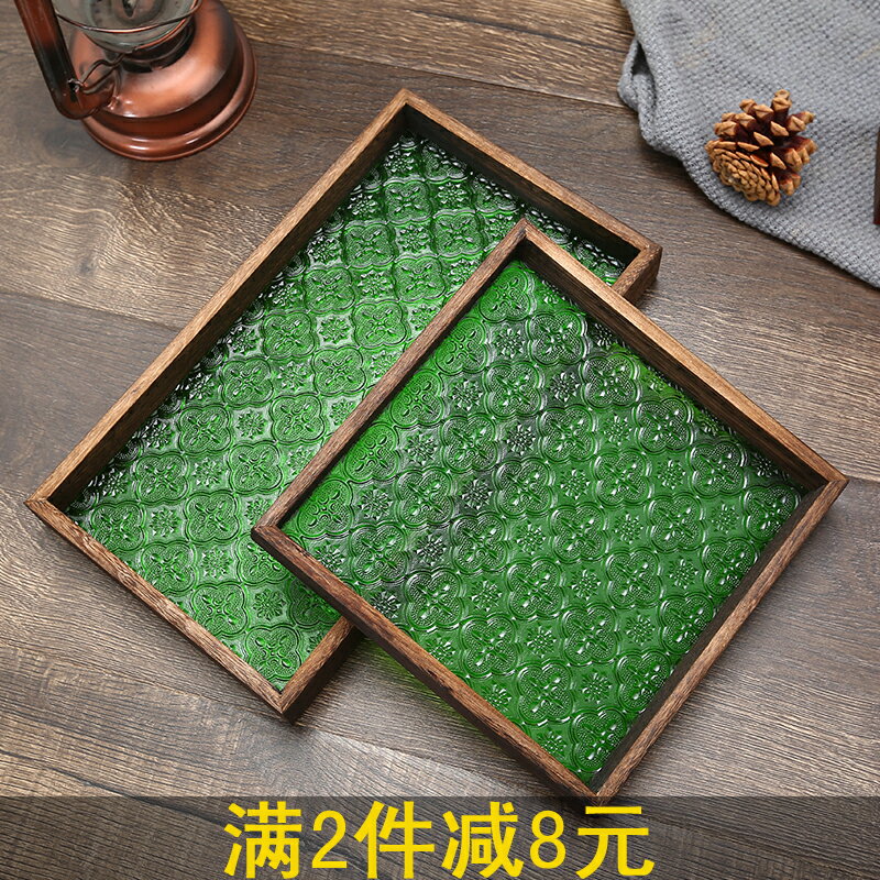 創意復古家用海棠玻璃託盤木質長方形擺件茶盤客廳中式收納水果盤