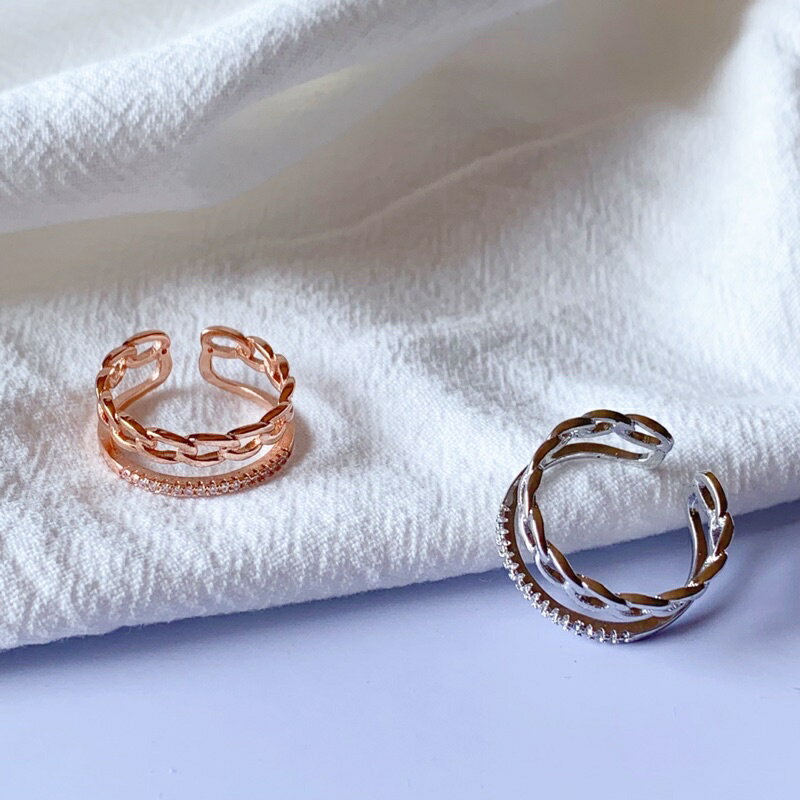 【S.One】韓版925銀雙層鑲鑽開口戒指 鍊條鎖愛 可調式戒 指關節戒