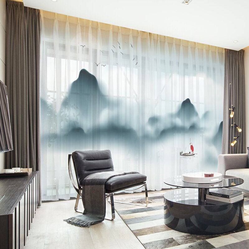 現代新中式窗簾中國風水墨山水畫窗紗臥室客廳陽臺飄窗遮光酒店