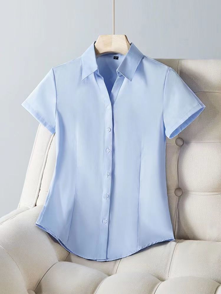 大尺碼襯衫女 白襯衫女V領短袖夏季新款速干高檔雪紡修身顯瘦職業正裝OL工作服 4