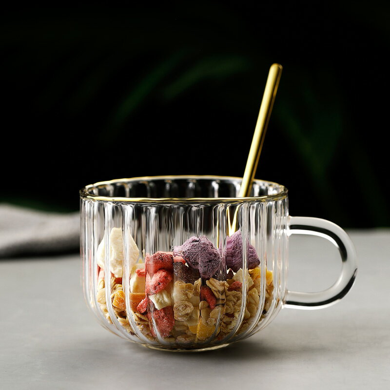 北歐風早餐杯家用玻璃牛奶杯大容量耐高溫金邊燕麥杯帶勺咖啡茶杯