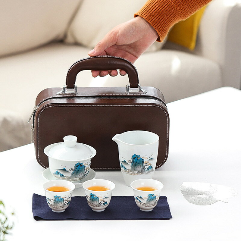 茶具 茶具套裝 德化白瓷旅行茶具套裝蓋碗茶杯戶外便攜式功夫茶具小套組商務禮品