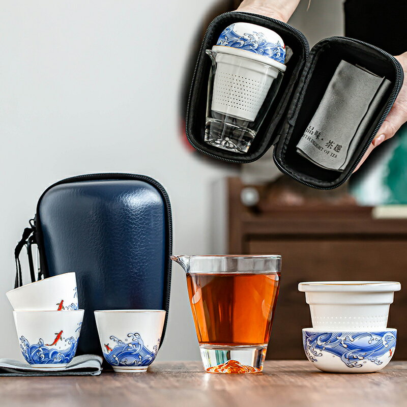 旅行茶具套裝玻璃快客杯陶瓷功夫茶杯隨身便捷包簡約小套一壺四杯
