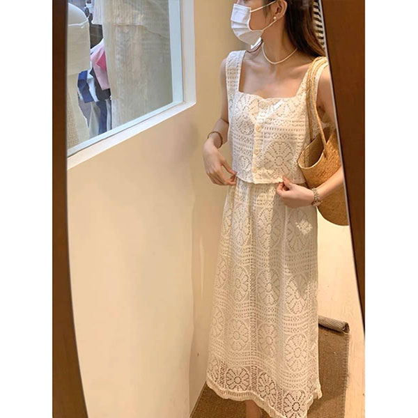 ANNAS 正韓 特價 單品實拍 重工蕾絲流蘇套裝 無袖長洋裝 蕾花 法式浪漫氣質婚禮穿搭 性感度假海島穿搭 韓國 1