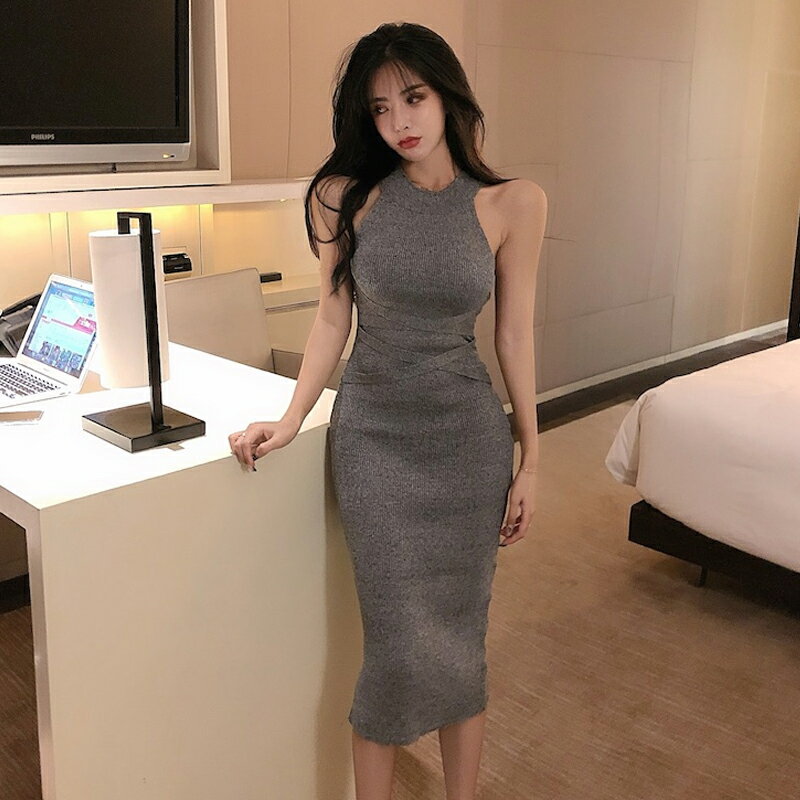 格格家 春季名媛無袖緊身性感連衣裙掛脖顯瘦中長款針織包臀裙女